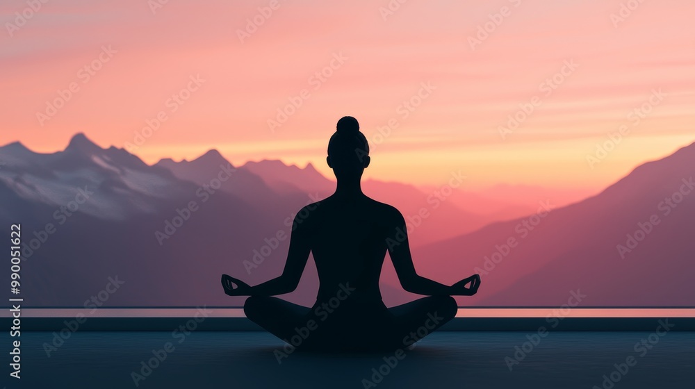 Silhouette of a Person Meditating at Sunset with Mountain Range in the Background Silhouette of a Person Meditating at Sunset with Mountain Range in the Background