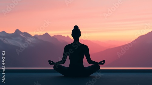 Silhouette of a Person Meditating at Sunset with Mountain Range in the Background