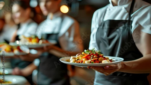Professional chefs serving beautifully plated dishes in a bustling restaurant during dinner service