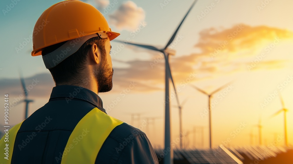 Engineer Overlooking Wind Turbines at Sunset - Environment Social Governance (ESG) Concept for Sustainable Energy and Renewable Resources Engineer Overlooking Wind Turbines at Sunset - Environment Social Governance (ESG) Concept for Sustainable Energy and Renewable Resources