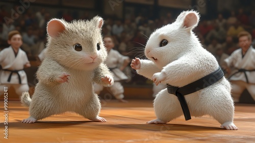 Hamster competing in a judo match, throwing an opponent, intense action, cartoon sports style photo