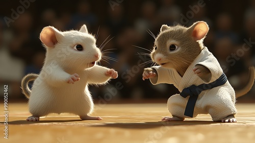 Hamster competing in a judo match, throwing an opponent, intense action, cartoon sports style photo