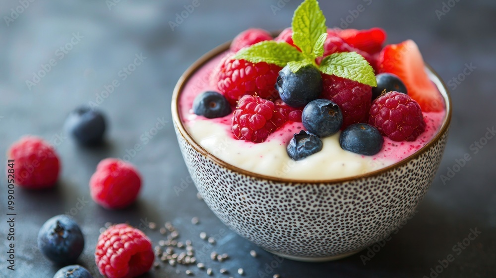 Yogurt bowl with vibrant berries and chia seeds, offering a colorful and healthful option. Yogurt bowl with vibrant berries and chia seeds, offering a colorful and healthful option.
