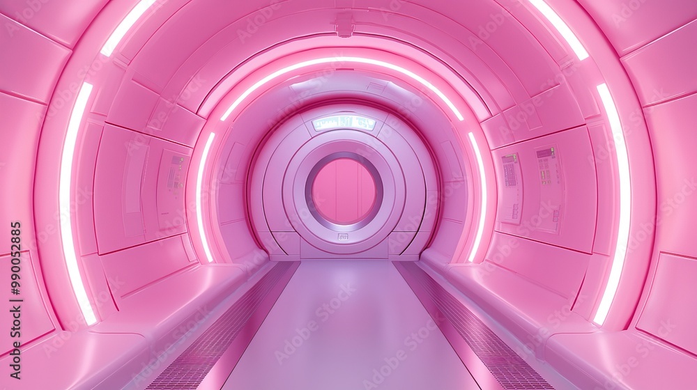 Obraz premium Futuristic Pink Sci-Fi Corridor with Neon Lights and Curved Walls in a Modern Space Station