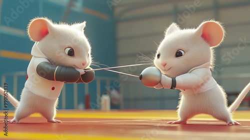 Hamster fencing with an opponent, wearing protective gear, dynamic and energetic, cartoon scene photo