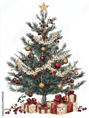 Christmas Tree with Popcorn Garlands: A 2D illustration of a Christmas tree decorated with popcorn garlands, cranberries