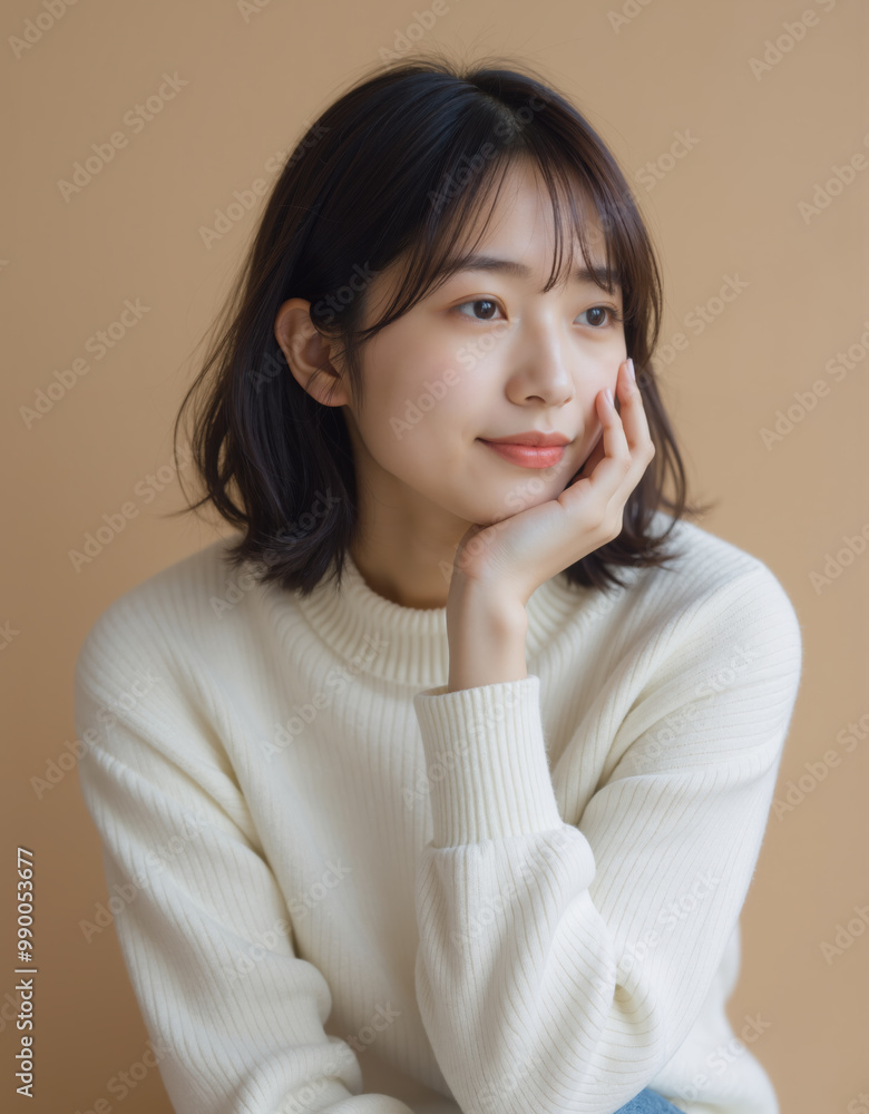 Thoughtful Young Asian Woman in Cozy Sweater Against Warm Background Thoughtful Young Asian Woman in Cozy Sweater Against Warm Background