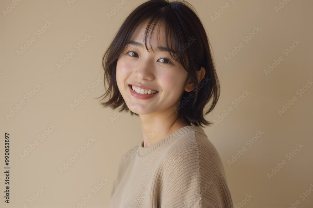 Smiling Young Asian Woman in Neutral Sweater Against Beige Background Smiling Young Asian Woman in Neutral Sweater Against Beige Background