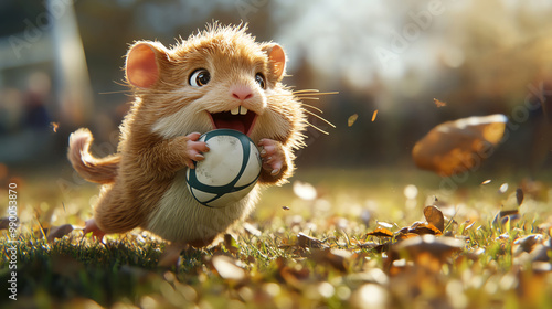 Hamster playing rugby, charging with a ball, intense and dynamic, cartoon illustration photo