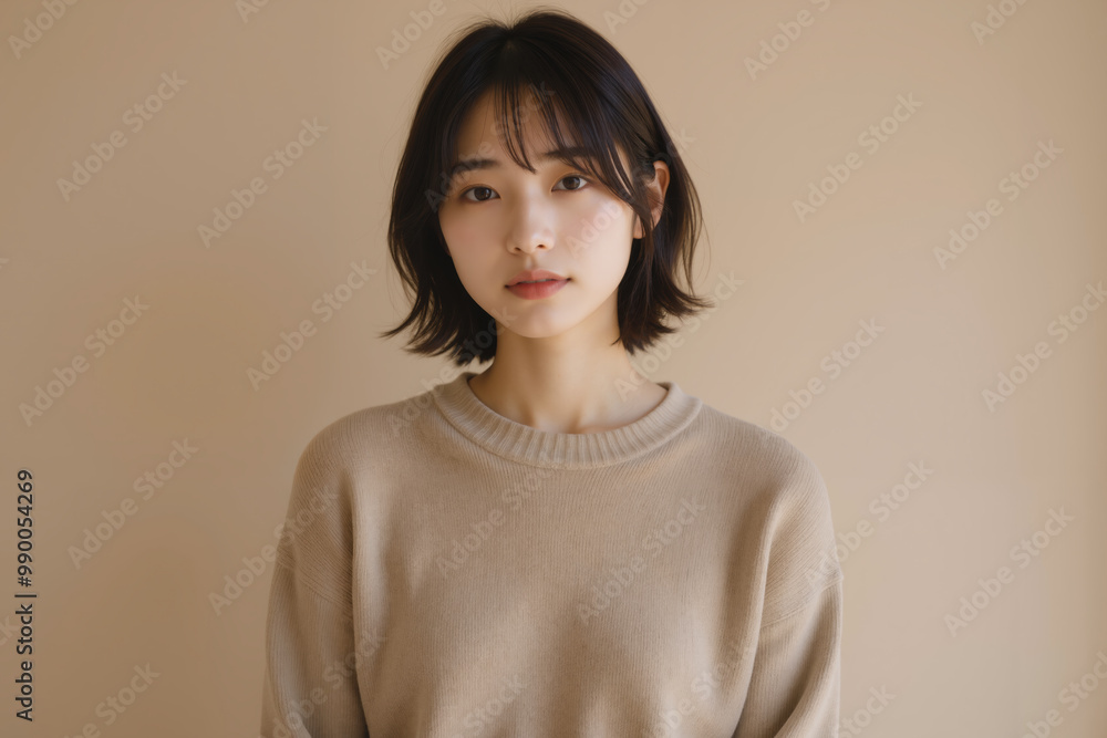 Young Asian Woman with Soft Expression Against Plain Beige Background Young Asian Woman with Soft Expression Against Plain Beige Background