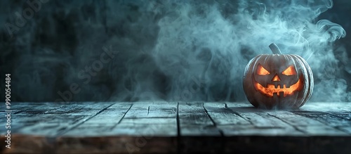 Wooden desk scene with Halloween pumpkin and smoke, tailored for promotional use.