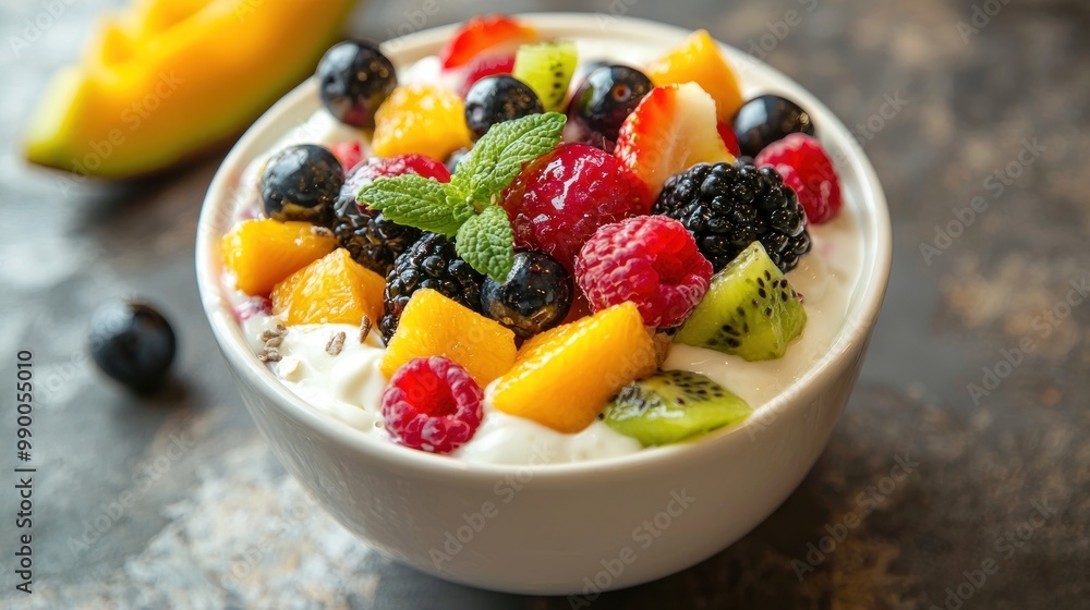 Yogurt served with a colorful fruit medley, showcasing a variety of fresh fruits. Yogurt served with a colorful fruit medley, showcasing a variety of fresh fruits.
