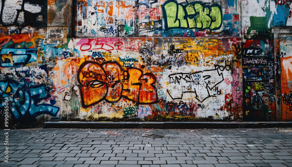 Obraz premium A graffiti-covered urban wall, showcasing vibrant colors, bold lines, and an edgy, artistic vibe