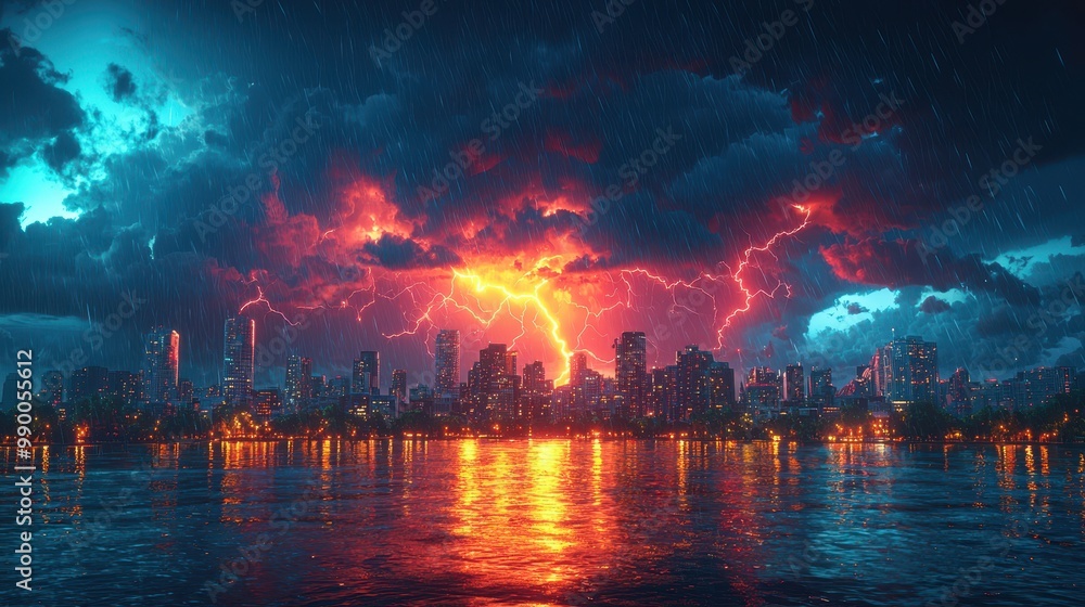 Dramatic Lightning Storm Over City Skyline with Reflection in Water Dramatic Lightning Storm Over City Skyline with Reflection in Water