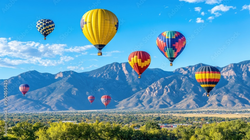 Obraz premium Brightly colored hot air balloons ascending with the Sandia Mountains in the background during the Albuquerque International Balloon Fiesta.
