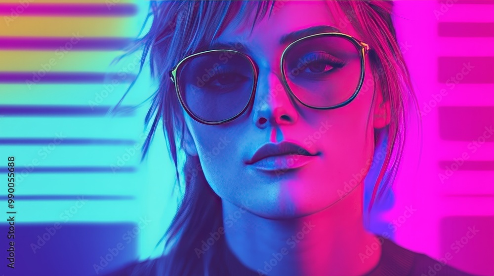 Stylish Woman in Neon Lights with Sunglasses and Modern Fashion in Vibrant Colors Stylish Woman in Neon Lights with Sunglasses and Modern Fashion in Vibrant Colors