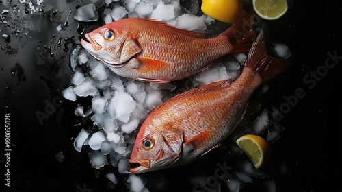 Raw fishes with ice and lemons on a dark background photo