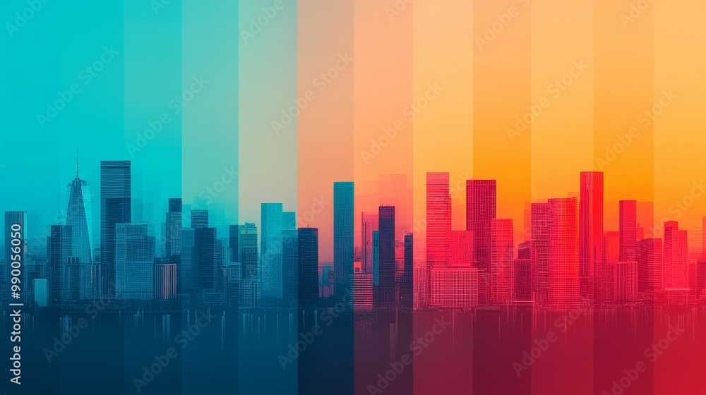 Vibrant Abstract Cityscape with Colorful Gradient Overlay of Modern Urban Skyline at Sunset Vibrant Abstract Cityscape with Colorful Gradient Overlay of Modern Urban Skyline at Sunset