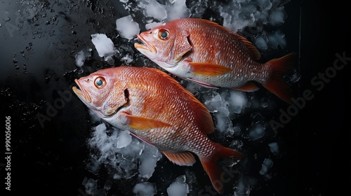 Raw fishes with ice and lemons on a dark background photo