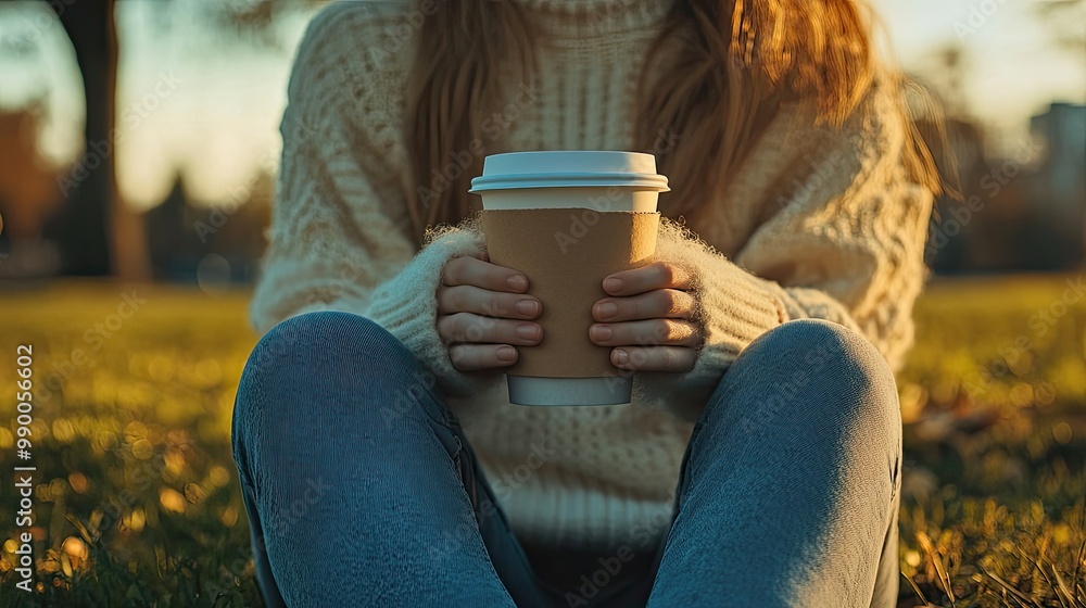 Close-up of a girl hands holding a vegan coffee cup, as she sits calmly in a park. Close-up of a girl hands holding a vegan coffee cup, as she sits calmly in a park.
