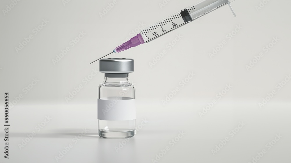 Clear glass vial with a white label and a grey syringe on a white background Clear glass vial with a white label and a grey syringe on a white background