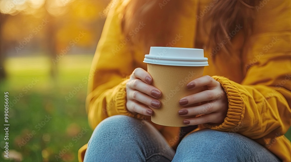 Close-up of a girl hands holding a vegan coffee cup, as she sits calmly in a park. Close-up of a girl hands holding a vegan coffee cup, as she sits calmly in a park.