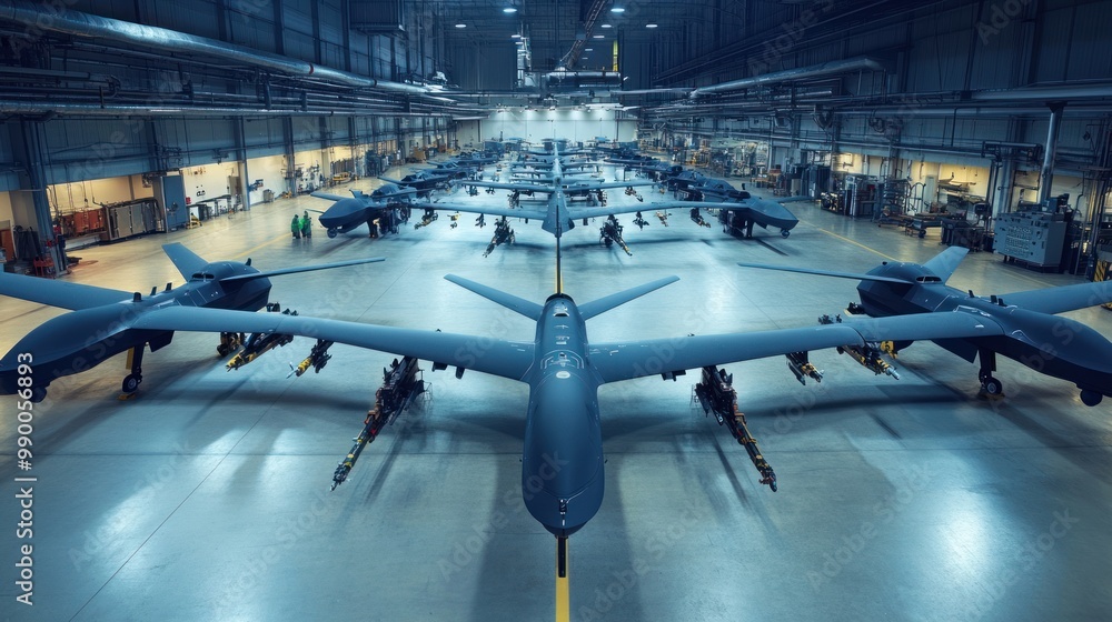 custom made wallpaper toronto digitalDefense manufacturing plant specializing in high-tech weaponry, from drones to guided missile systems, emphasizing innovation in defense technology.