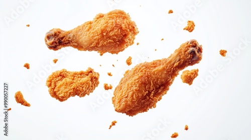 Crispy fried chicken drumstick flying in air isolated on a white background photo