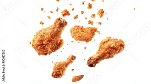 Crispy fried chicken drumstick flying in air isolated on a white background