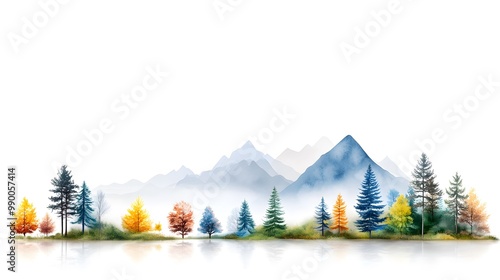 A serene watercolor landscape featuring colorful trees, mountains, and soft mist, perfect for nature and tranquility themes.