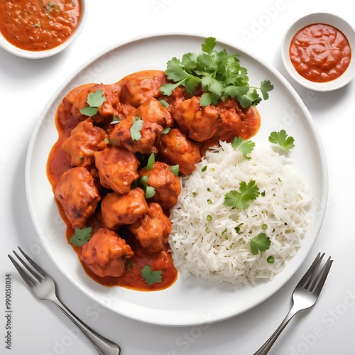 Delicious juicy tasty Chicken tikka dish well cooked with some vegetable served, Chicken tikka masala, cooked marinated chicken in spiced curry sauce