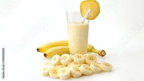 Glass of banana milk with banana slices and bananas on a white background photo