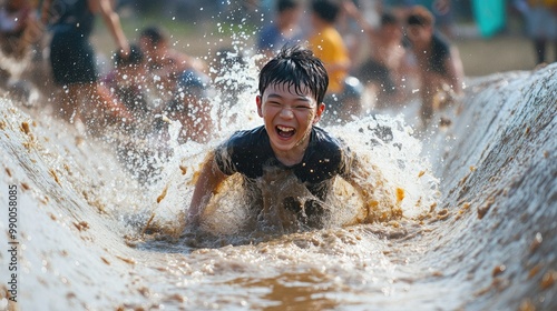 Close-up of festival-goers splashing and sliding down giant mudslides at the Boryeong Mud Festival. photo