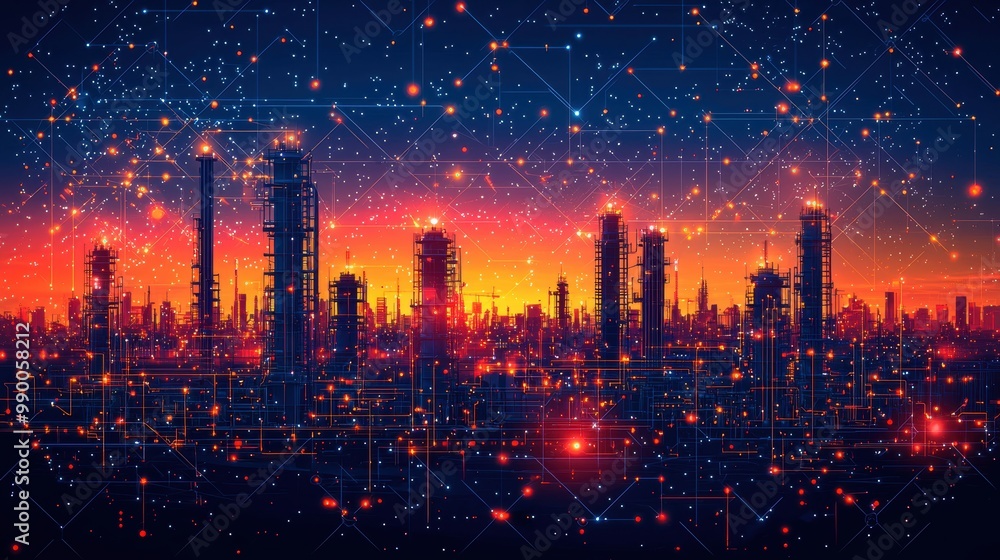 Fototapeta premium Futuristic Cityscape with Network Connections and Lights