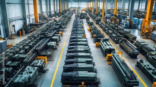 The arms industry in full production, with rows of military equipment and weapons being manufactured, showing the scale of defense manufacturing.