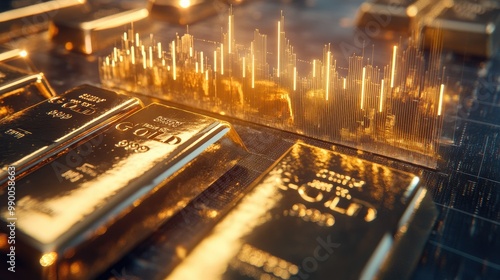 Close-up of shiny gold bars with a rising financial graph behind them, representing economic growth.