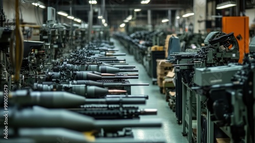 Weaponry production line, with high-tech machinery assembling firearms, missiles, and other defense equipment, showcasing innovation in military technology.