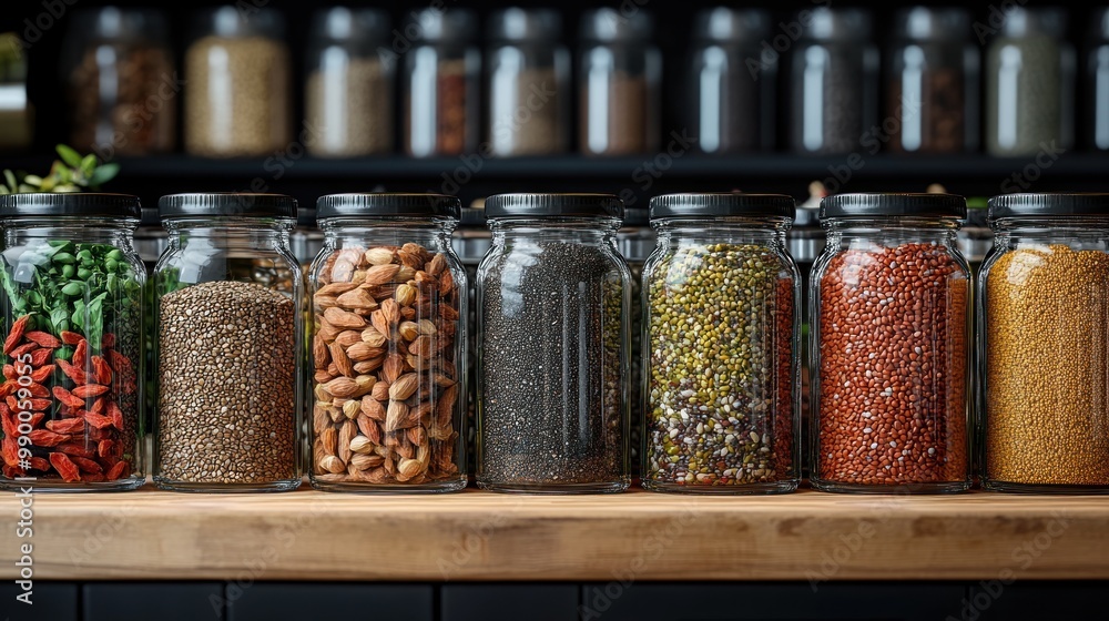 A collection of jars filled with various nuts, seeds, and spices. A collection of jars filled with various nuts, seeds, and spices.