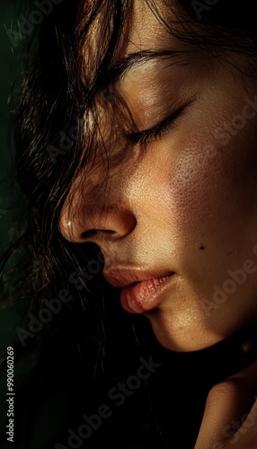 Side Profile of Woman with Closed Eyes in Warm Sunlight