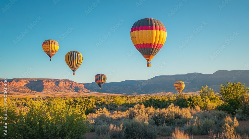Obraz premium Colorful balloons soaring over the desert landscape with a clear blue sky at the Albuquerque International Balloon Fiesta.