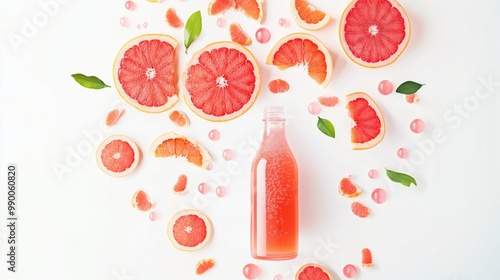 Bottle of grapefruit juice with bubbles and slices on a white background photo