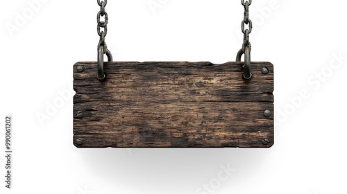 Old wooden signboard dangling from chains, available on a transparent or white background.