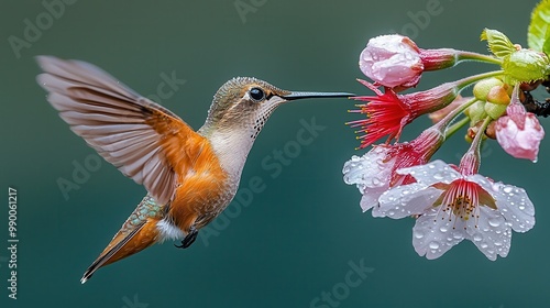 Hummingbird Feeding on Cherry Blossom in Spring Rain photo