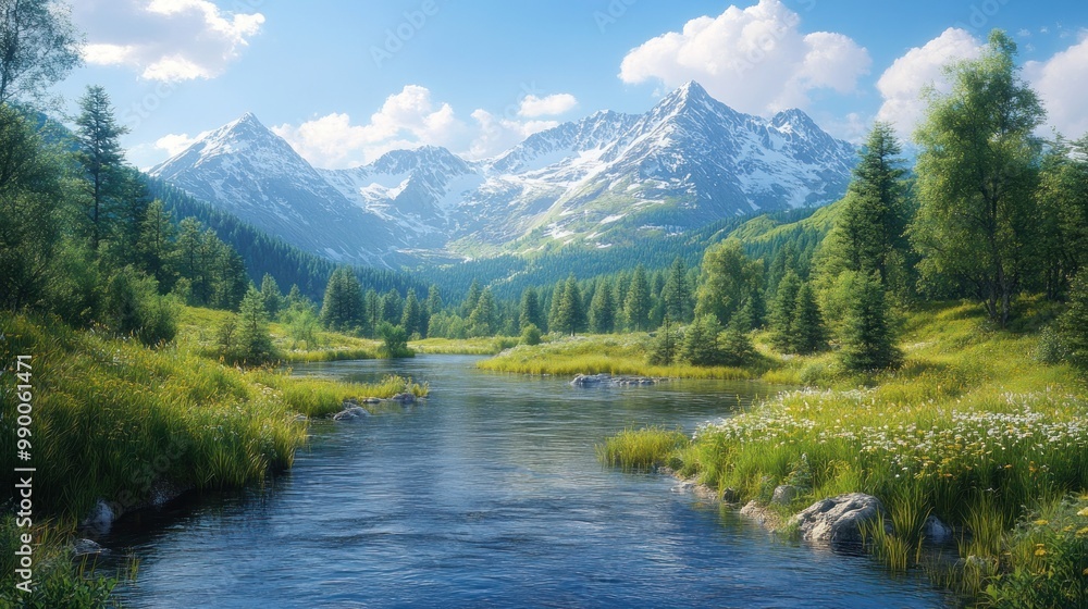 Scenic mountain landscape with a river and lush greenery. Scenic mountain landscape with a river and lush greenery.