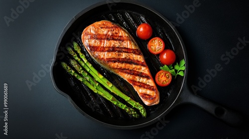 Grilled salmon steak in a frying pan on a dark background photo