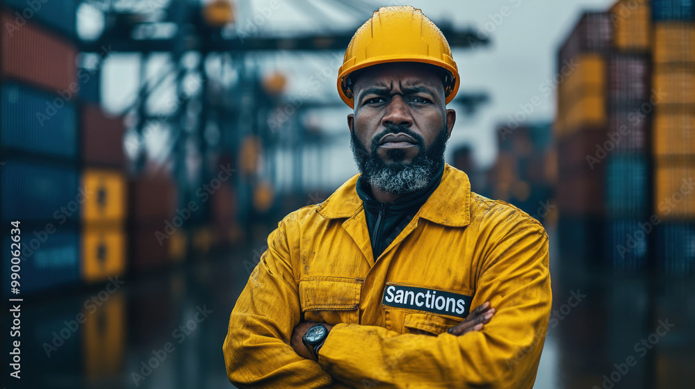 A serious dockworker in a yellow uniform, standing among shipping containers, symbolizes the effects of trade sanctions on global commerce. A serious dockworker in a yellow uniform, standing among shipping containers, symbolizes the effects of trade sanctions on global commerce.