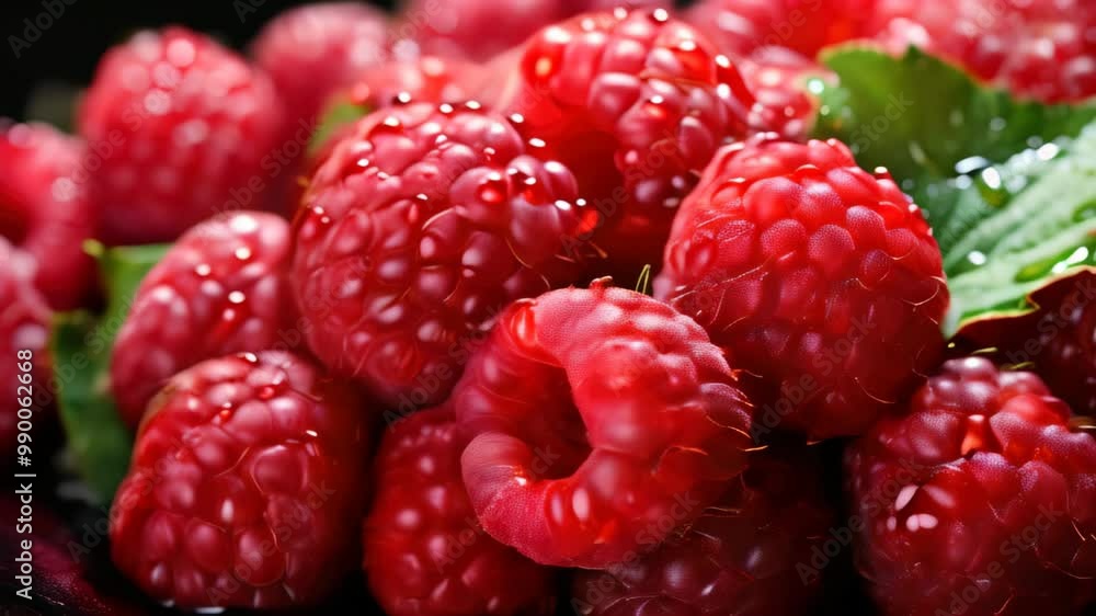 Freshly picked raspberries displayed on a dark surface with green leaves in the background Freshly picked raspberries displayed on a dark surface with green leaves in the background