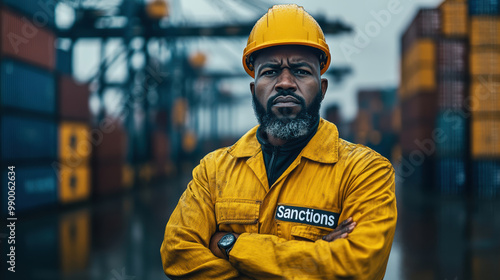 A serious dockworker in a yellow uniform, standing among shipping containers, symbolizes the effects of trade sanctions on global commerce.