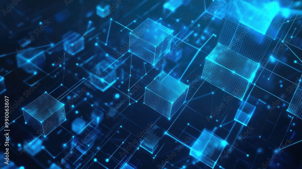 Digital network design with blue squares and plexus lines, representing advanced technology and connectivity. Digital network design with blue squares and plexus lines, representing advanced technology and connectivity.