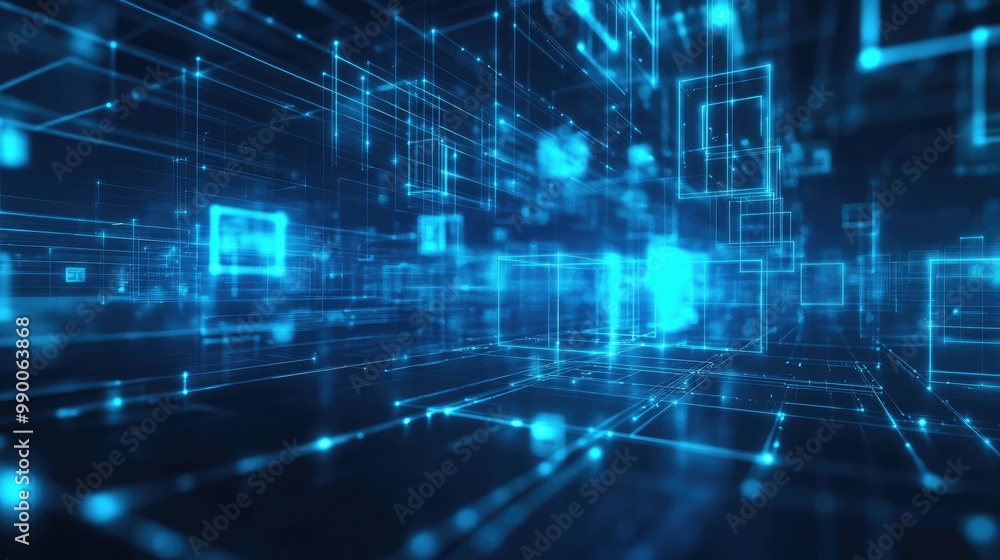Digital network design with blue squares and plexus lines, representing advanced technology and connectivity. Digital network design with blue squares and plexus lines, representing advanced technology and connectivity.